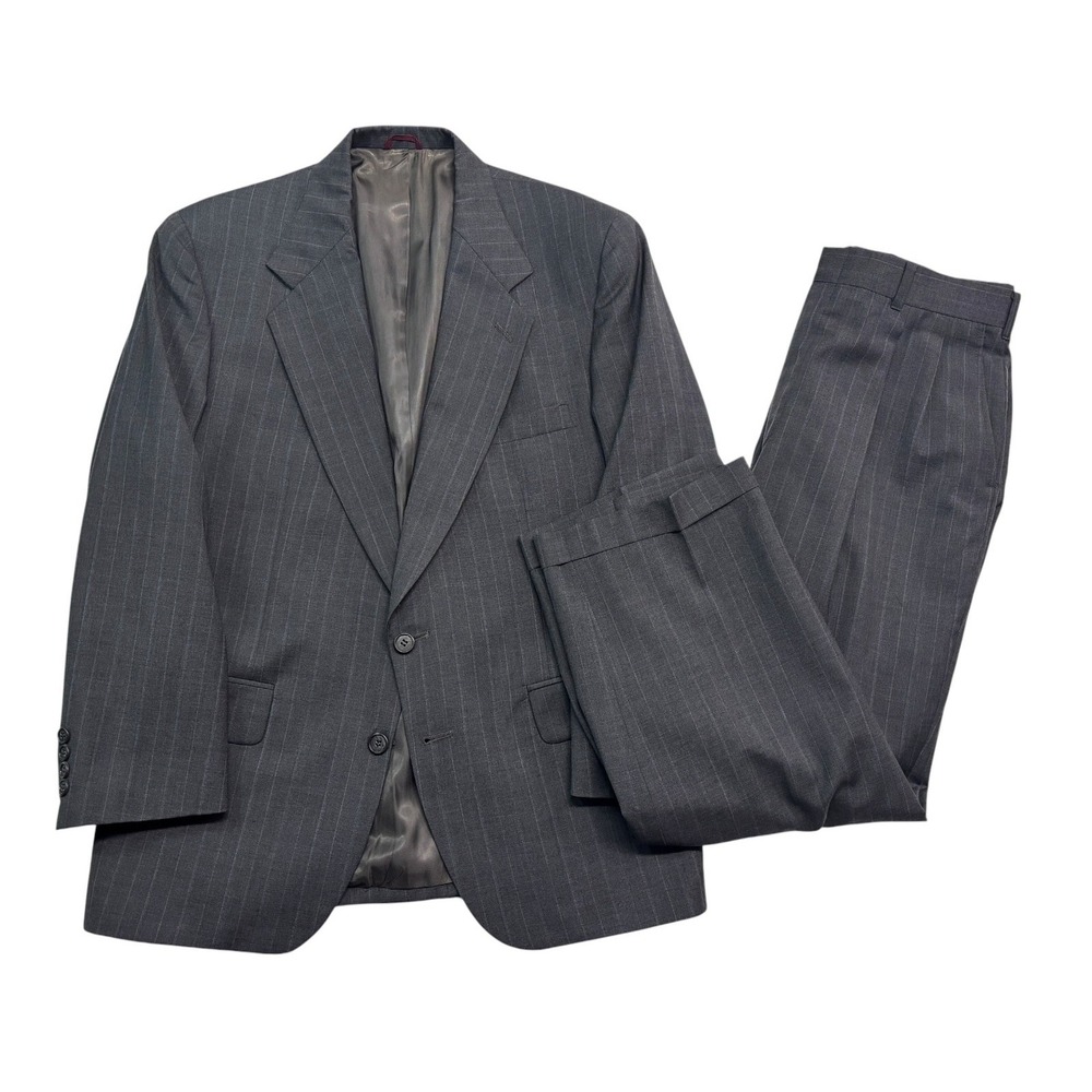 vtg 90s Briar 40S 32x27 Gray Pinstripe 2pc Pants Suit USA Wool Pleated Cuffed